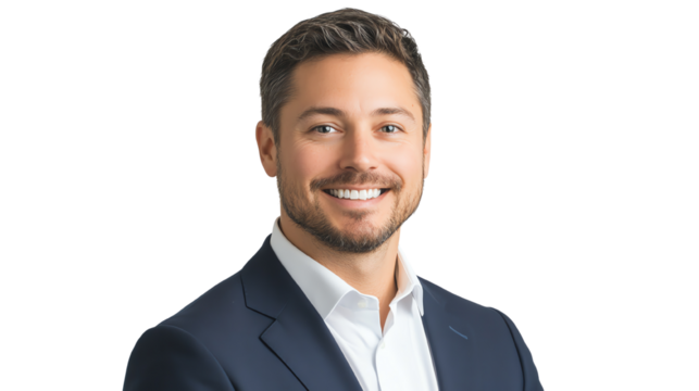 Smiling professional man in a business suit with a white background, conveying confidence and approachability.