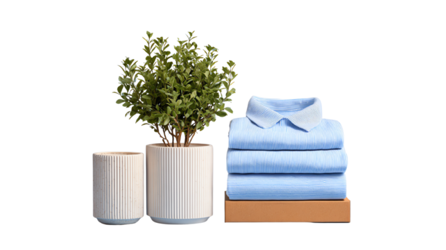 Stack of neatly folded blue shirts next to a plant in a decorative pot, creating a fresh and organized living space.
