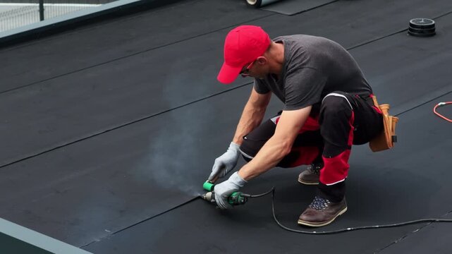 Skilled Worker Installs Roofing Material on a Flat Roof in Urban Setting During Daylight