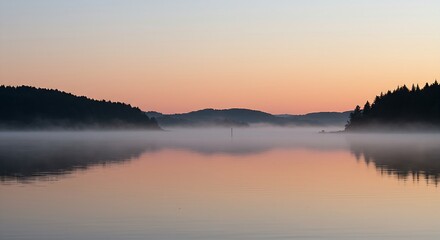 Obraz premium scene of a calm body of water reflecting a subtle, hopeful sunrise on New Year's Day. Distant, silhouetted trees or mountains line the horizon, adding depth. The water is perfectly still,
