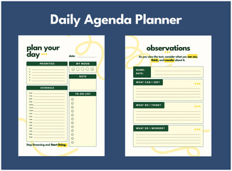 Daily Activity Planner and Agenda templates. Organizer page, diary and daily control book, and office schedule list. Graphic organization pa