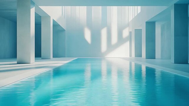  Tranquil Pool Hall: An ethereal pool hall with pristine water, geometric lines, pillars, and the soft play of light, creating a space of serene tranquility.