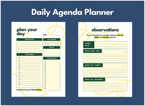 Daily Activity Planner and Agenda templates. Organizer page, diary and daily control book, and office schedule list. Graphic organization pa