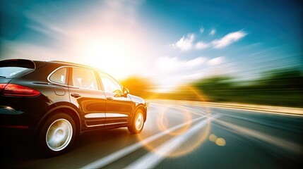 Black SUV speeds down busy highway with urban landscape in motion blur during bright daylight hours