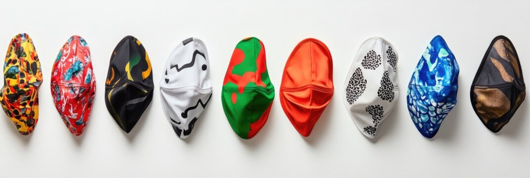 Colorful patterned headwear laid out in a row