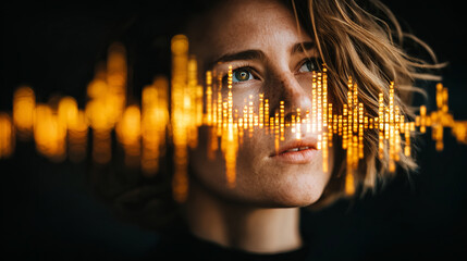 Young woman with short hair looking thoughtfully with golden digital soundwave overlay glowing in dark background