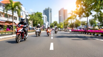 Urban landscape with blurred cars and motorcycles in foggy weather displays a busy street scene on a chilly day