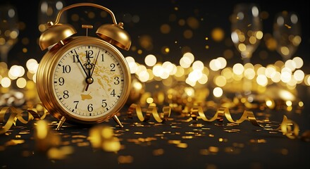 A themed New Year's Eve countdown scene, featuring an elegant, antique clock striking midnight,  bokeh lights out-of-focus champagne bubbles. The colors are rich gold, navy blue, and sparkling white. 