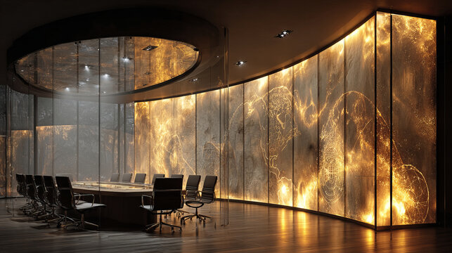 Futuristic boardroom with glowing golden world map panels and modern black chairs creating high tech strategy session