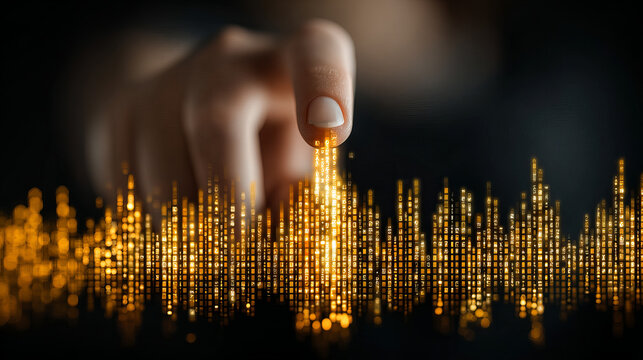 Finger touching glowing golden digital data visualization with financial code and futuristic interface