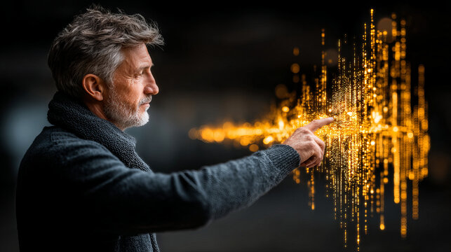 Man pointing at glowing golden digital data projection, showing futuristic technology and innovation with focused expression