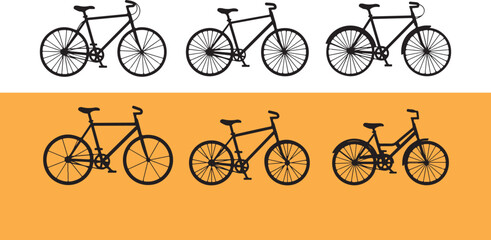 Fototapeta premium Six black bicycle silhouettes on white and orange background