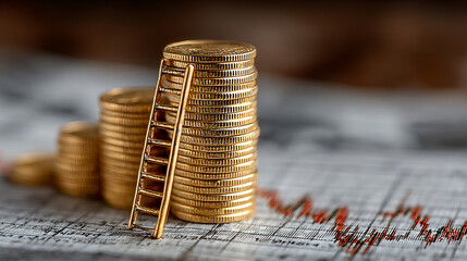 Golden ladder leaning on stacked gold coins with financial chart background showing growth and success