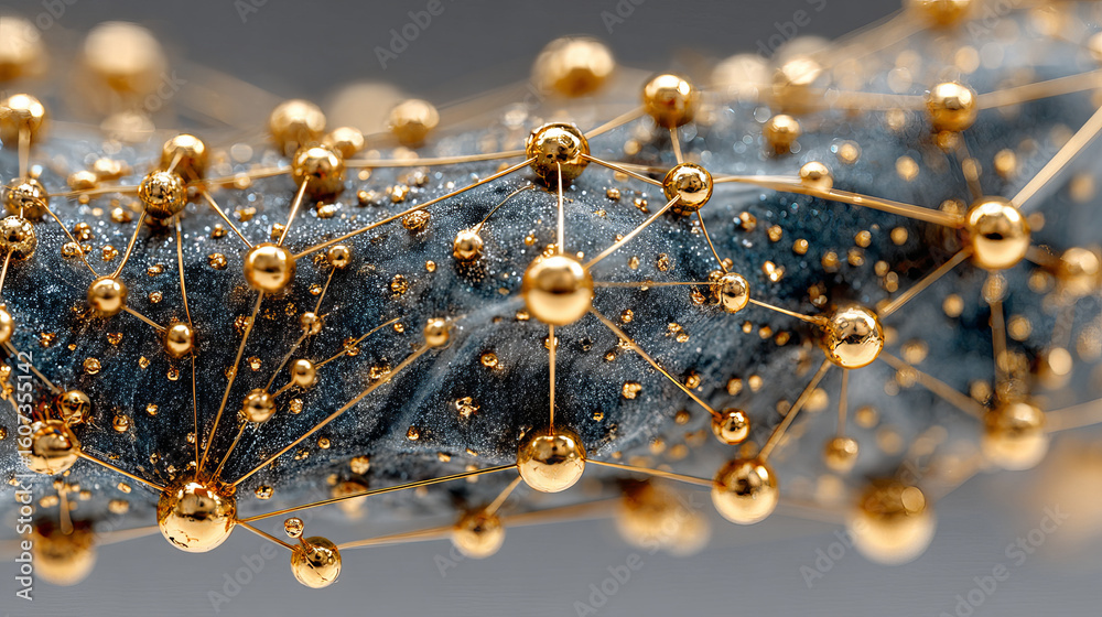 Poster golden spheres connected by thin wires form complex network on textured dark surface, creating intri