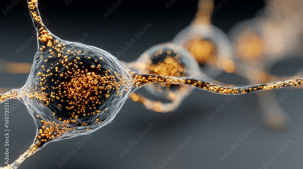 Poster neural cell with glowing golden particles inside and extending branches in dark background, scientif