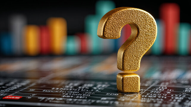 Golden question mark symbol with blurred colorful bar chart background showing business uncertainty and analysis