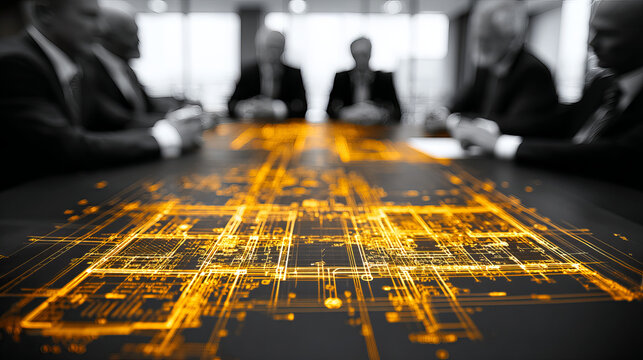 Group of executives planning project around glowing golden blueprint table in modern office with blurred background