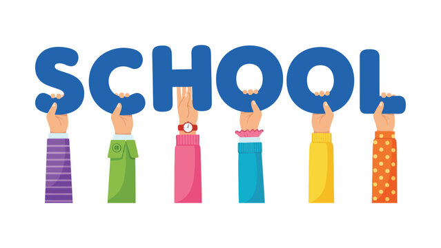 Diverse Hands Holding Up the Word SCHOOL, Representing Education and Learning Together