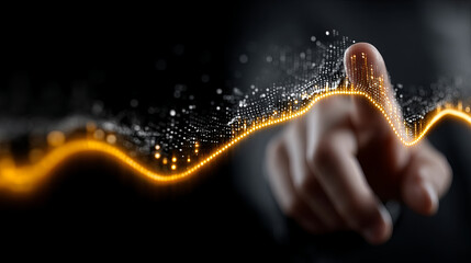 Hand pointing at glowing golden trend line with digital data points, symbolizing analysis and futuristic technology interaction