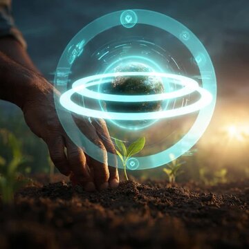 Nurturing Nature: A hand delicately plants a seedling in rich soil, surrounded by a futuristic, glowing interface, symbolizing the intersection of nature, technology, and conservation