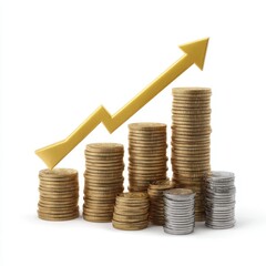 Growing stack of coins with upward trend arrow isolated on white background