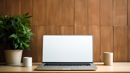 Fototapeta premium Laptop sits on a wooden desk with a potted plant in front of it