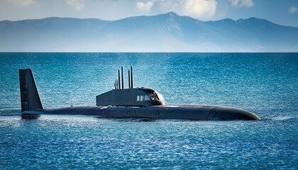 naval submarine floating and half submerged in shallow water