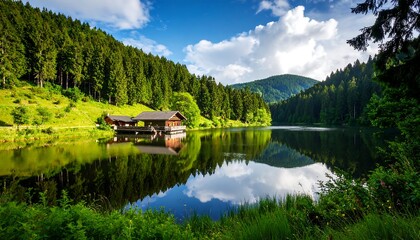 Serene mountain lake scene
