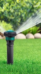 Fototapeta premium Children playing joyfully on lush green lawn while sprinklers spray water under bright sunlight, surrounded by vibrant trees and bushes in a garden setting