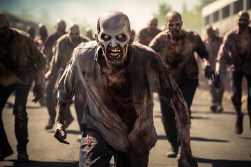 Zombies walk on the street. Horror movie. Halloween. Horror scene with zombies . Scary zombies in the halloween night. Horror film. Zombie. Zombies. Halloween. Halloween Concept with Copy Space.