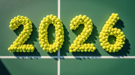 Bright yellow tennis balls form the numbers 2026 on a vibrant green tennis court for sports celebrations