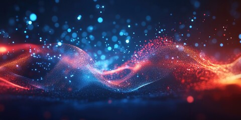 Abstract digital landscape with vibrant red and blue particle waves