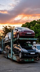 Naklejka premium Transport trailer carrying multiple vehicles in an industrial area during daylight with various car colors and styles visible