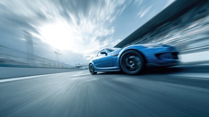 Fast Blue Sports Car Racing on Track at Sunset