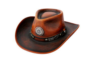 Brown leather cowboy hat with western embellishments isolated on transparent background
