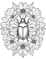 Abstract vintage floral pattern with a black and white shield and flowers