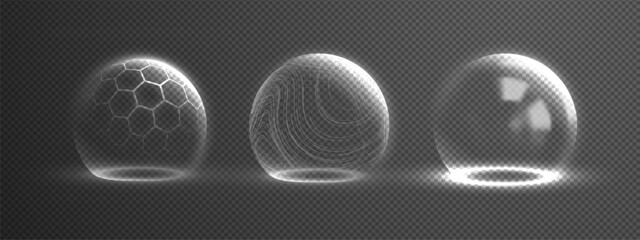 3D dome shield sphere set with protective glass barrier and transparent force field effect. Futuristic hexagon energy grid in blue neon light for defense technology. Abstract wireframe globe security. © RDVector