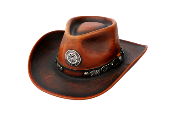 Brown leather cowboy hat with western embellishments isolated on transparent background