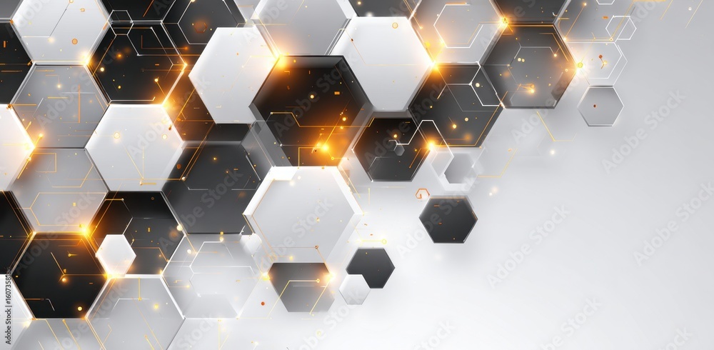 Wall mural abstract background with hexagons and technology elements for business presentation design white bac