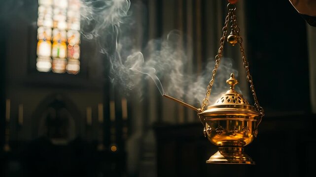 Golden censer swinging gracefully, releasing plumes of incense smoke in a dim cathedral