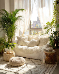 Cozy and Inviting Indoor Space with Plants and Natural Light in a Sunlit Living Room