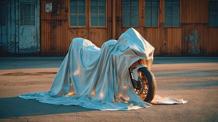 White motorcycle cover resting on the garden pavement during daylight with surrounding greenery in a high-resolution setting