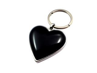 Shiny black heart shaped gemstone keychain isolated on transparent background