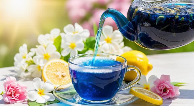 A clear glass teapot pours vibrant blue butterfly pea flower tea into a glass cup. Fresh lemons and colorful flowers surround the scene, creating a refreshing atmosphere.