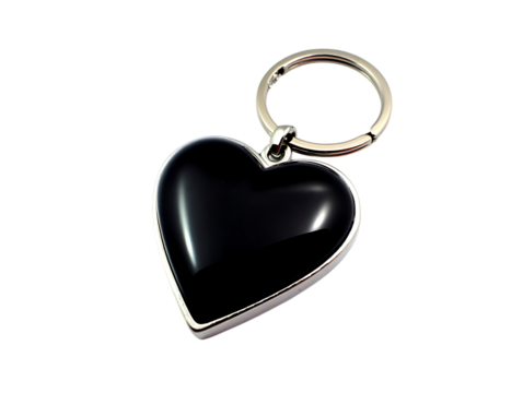 Shiny black heart shaped gemstone keychain isolated on transparent background