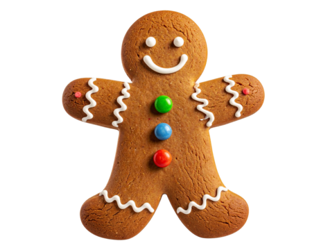  Smiling Gingerbread Man Cookie Standing Upright, Full-Body View, isolated on transparent background