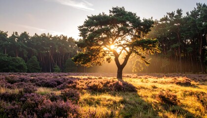 Obraz premium Sunrise through forest tree over wildflowers