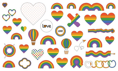 Fototapeta premium Rainbow Symbol Collection Gay Pride Icons Representing Love, Equality, and Diversity with Flags, Hearts, and Inclusive Gender Symbols in Vibrant Vector Style