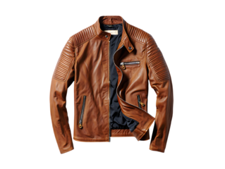 Stylish brown leather jacket with intricate patterned lining isolated on transparent background