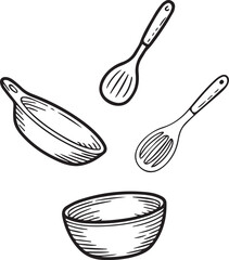 Sketchy hand-drawn illustration of kitchen utensils, including a bowl, pan, and spoons for cooking preparation.
